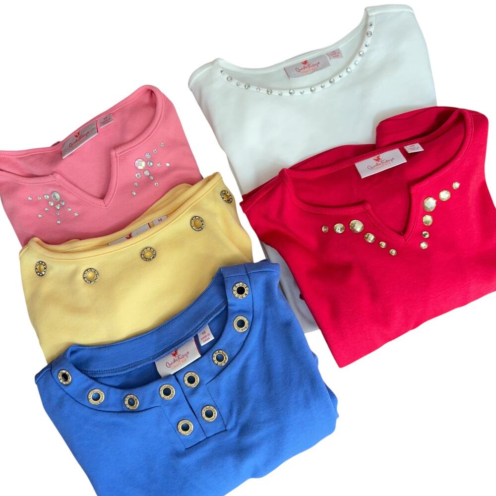 Lot of 5 Quacker Factory T-Shirts Women XS Red White Blue Peach Yellow QVC